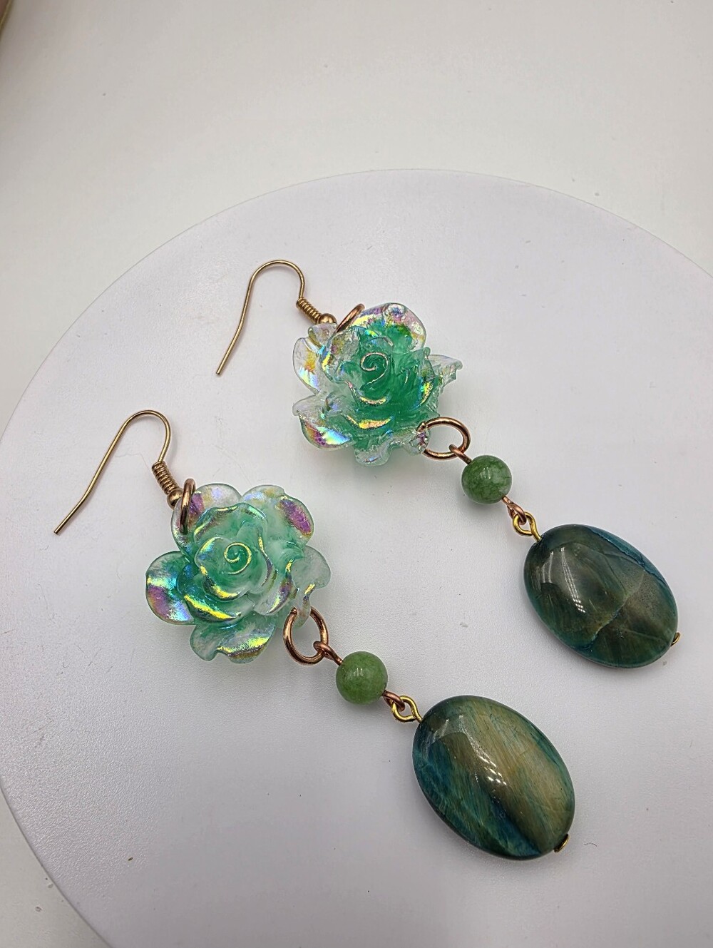 Handmade Iridescent Green Flower Drop Earrings with Green Jasper Stone - Picture 3 of 5